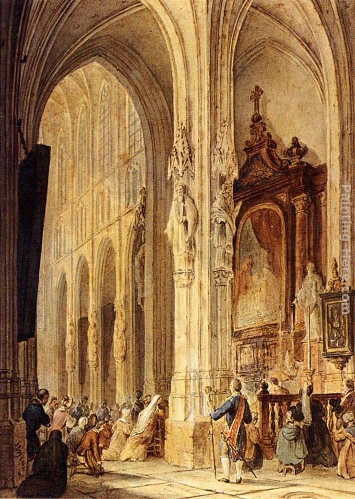 Johannes Bosboom A Church Interior With People Attending Mass